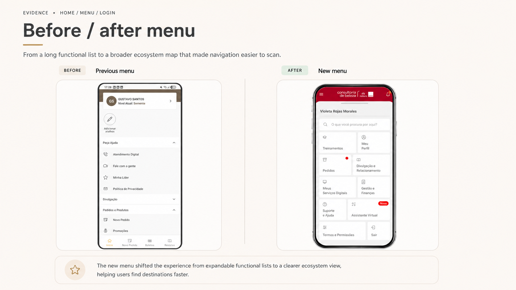 Previous expandable menu list beside the new menu built from macro-area cards and search.